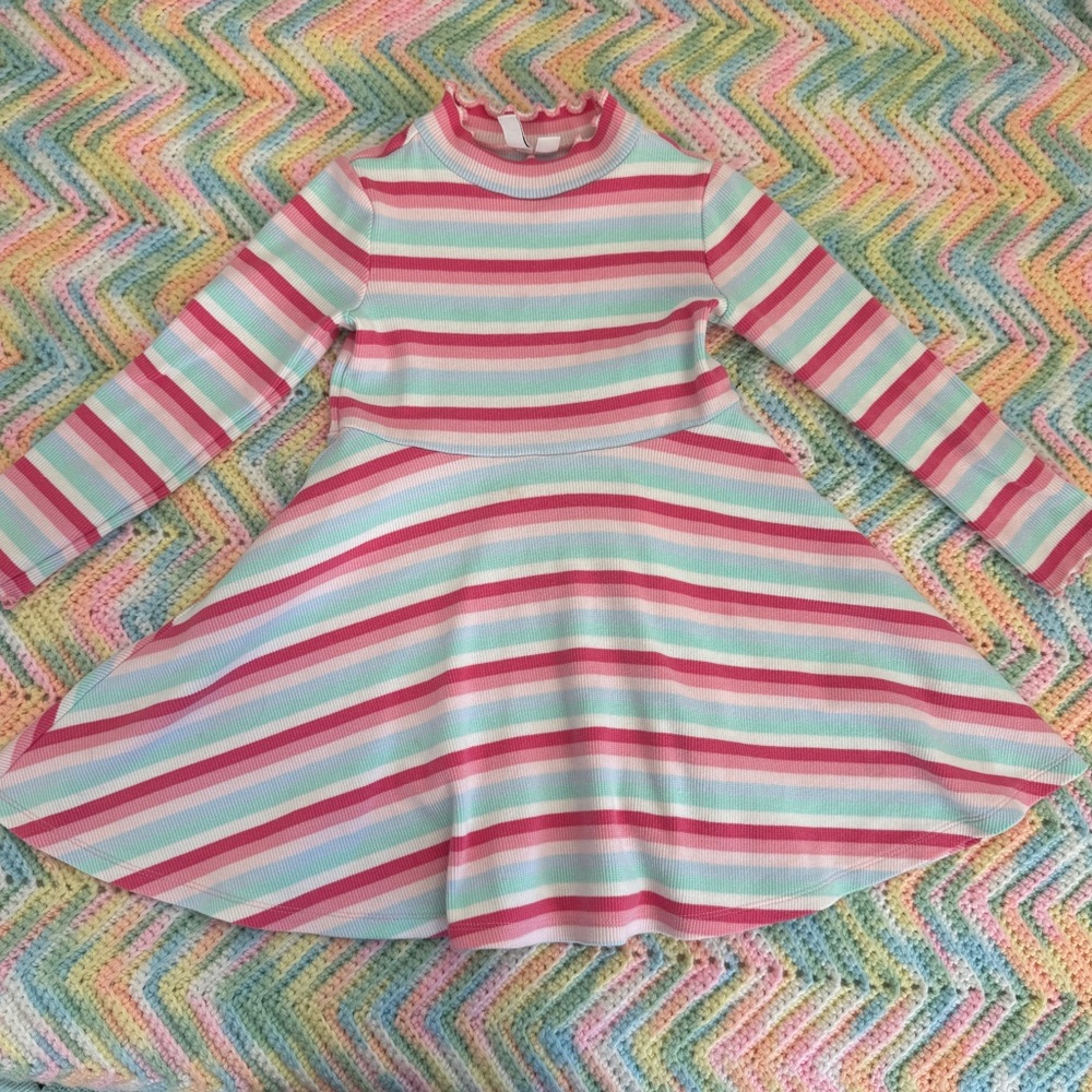 JANIE AND JACK Striped Ribbed Dress flouncy skirt long sleeve ruffle neck